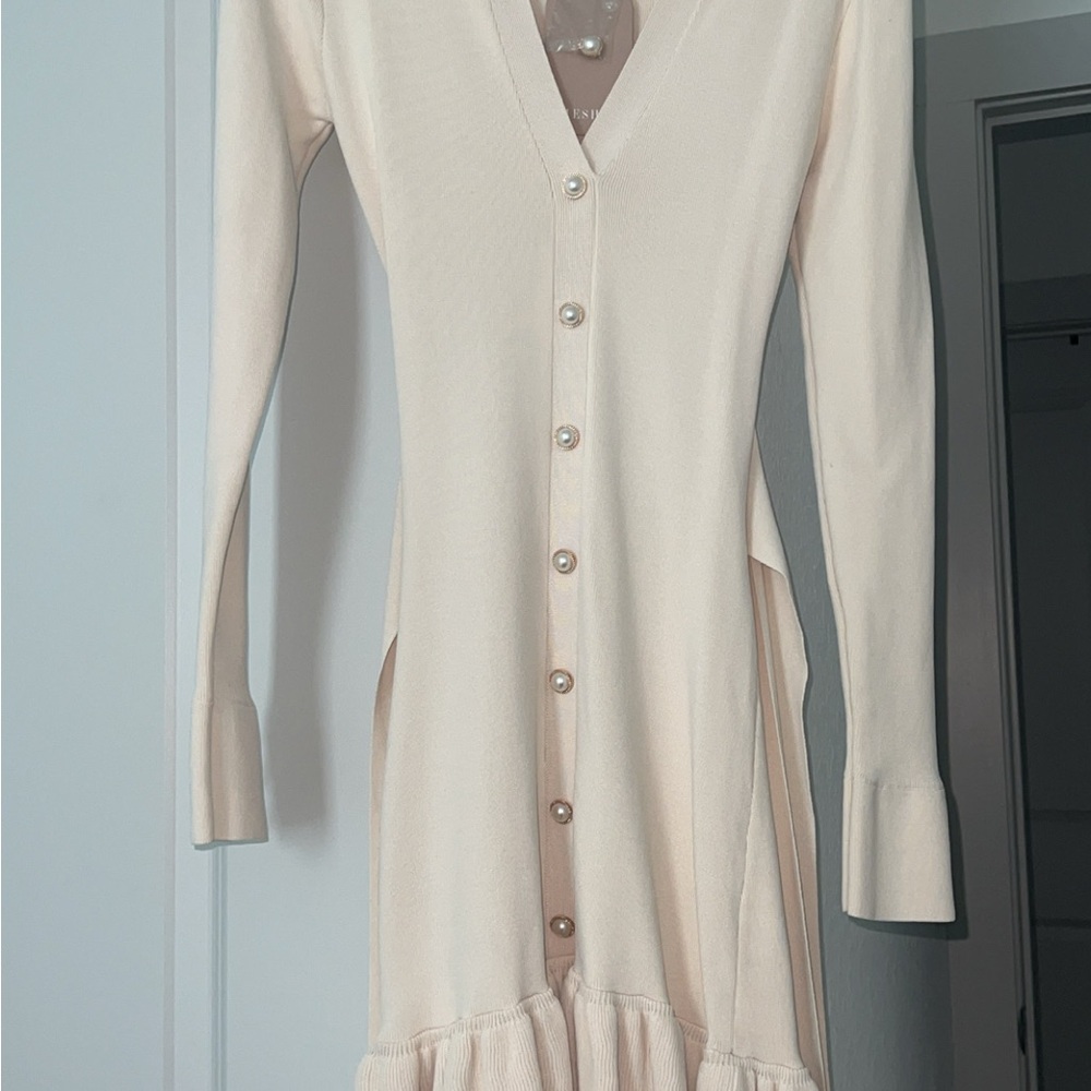 Meshki Cream Long Sleeve Dress with Button Detail
